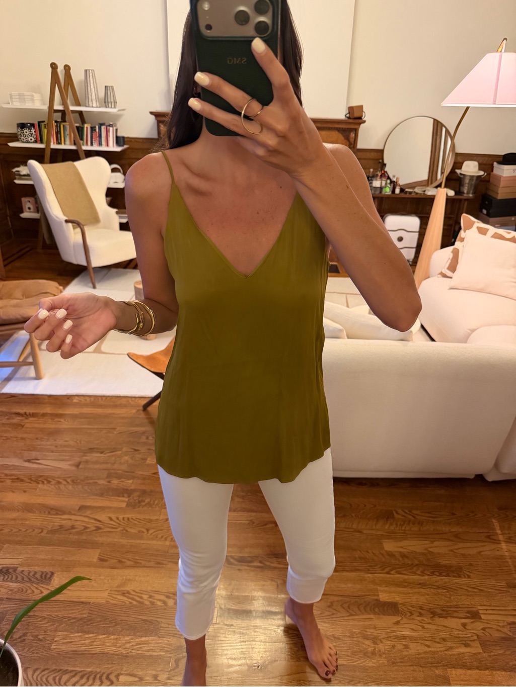 Massimo Dutti Olive Satin V-Neck Cami - Size 4us